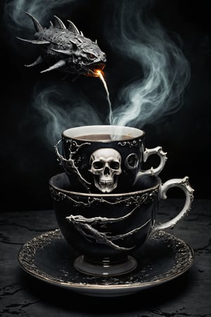 macabre style  A meteor floating in a teacup during an appalling situation. . dark, gothic, grim, haunting, highly detailed
,darkart