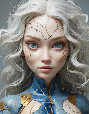 surrealist art a beautiful female doll with porcelain kintsugi skin, cracked skin, shattered porcelain skin, deep fine cracks, kintsugi, perfect clear realistic grey-blue eyes, soft focus, close-up, uncanny, long white natural hair, stunning perfect shining eyes, shy smile, serene curiosity, smiling eyes, amazing depth, expansive details, against a dark gradient background, style of Agnes Cecile and Anna Dittmann, dreamlike, mysterious, provocative, symbolic, intricate, detailed,
