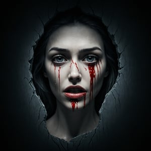 Generate an image representing the duality between superficial beauty and emotional darkness. The image should feature a human figure in the foreground, displaying signs of physical and emotional distress, such as tears of blood and a split lip. The background of the image should be dark and somber, with elements suggesting destruction and chaos. The human figure should be surrounded by shadows and silhouettes evoking hatred and hostility. It should convey the sensation of being immersed in a world where superficial beauty has been replaced by the harsh reality of suffering and emotional darkness,Movie Still,darkart,aw0k dalle,Leonardo Style