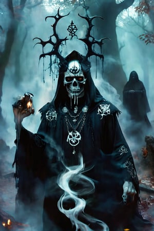 A Gothic fashion-inspired cult priest,skull Head Demon,
 with a horror twist exudes an aura of dark elegance and sinister mystique. Cloaked in flowing robes adorned with occult symbols, his attire hints at forbidden rituals and arcane knowledge With pale,skll,Magic Forest