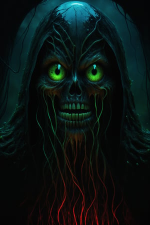 By Shusei Nagaoka and Ian McQue, we're aiming for a hyper-realistic photograph in a full medium shot depicting a monster lurking in the shadows, with an iridescent touch, but with a more eerie and disturbing hue. The required poster art should have bold lines and showcase a green slime skeleton with a black and red interior, seemingly melting. This humanoid monster, dripping and covered in long, wet tendrils of hair, has large glassy spherical eyes that gleam in the darkness. The image should be hyper-detailed, expressive, and award-winning, using a dark and limited color palette, with high contrast to enhance the eerie effect. Expecting the depth of field to highlight the intricate details of the masterpiece, giving it the highest possible quality. The nocturnal photograph should feature the monster directly facing the viewer, with a dynamic pose captured through a panoramic wide-angle lens. All this is to be executed in a style similar to that of Nicola Samori, but with a more macabre and sinister approach.