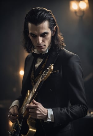 film photo dark photo, close-up portrait of a vampire dressed in a black suit playing an electric guitar, wearing a black and gold cashmere waistcoat, looking at the camera, shallow depth of field, vignette, highly detailed, moody, epic, magnificent, film, atmospheric haze, dynamic lighting