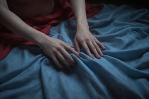 In the soft glow of subtle shades of blue and red, a young woman's delicate hand squeezes the sheets tightly and she feels an orgasm.,darkart