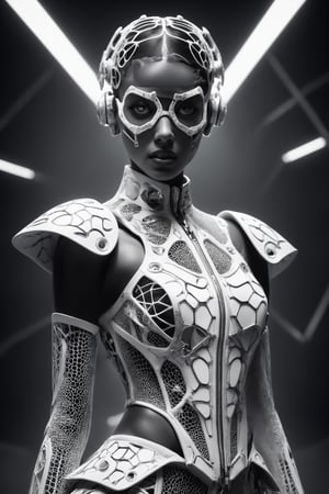 An elegant female super model at London Fashion Week, wearing a costume designed by Thom Browne with design elements including 3D generative Voronoi artwork created by artificial intelligence black-white textile materials polarized.toplight lighting photographed with Sony A7 IV
,cyberpunk style,cyborg style,monster,neon photography style,darkart,dual pistols