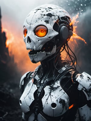 white-toned Surrealism photo of an abyssal futuristic summer face in a bright apocalyptic void, intricate black and orange and white recursion, eldritch, foggy, billowing bright glitter, very detailed, 
,vntblk