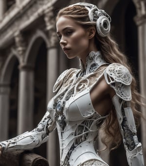 Love does not claim possessions, but freedom remains. Generate a stunning 8K UHD image with a DSLR quality close-up of an enigmatic and mysterious unknown human race. Capture the ethereal beauty of their porcelain skin adorned with intricate biomechanical details, including a highly detailed mechanical exoskeleton.