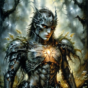 Luis royo style, acrylic paint and spray paint, 8K, rule of thirds, 
intricate, dark lighting, Flickr, well focused, atmospheric, dramatic, highly detailed, best quality:1.5), (intricate emotional details:1.5), (ultra detailed), (sharp focus), (sharp details), photography in the style of detailed hyperrealism of a  headless horseman in a Whispering forest with glowing flora,  Photorealism, Mecha
,Luis Royo