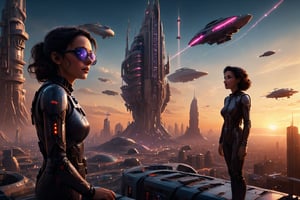 A photorealistic image inspired by Steven Spielberg's sci-fi style, capturing a vast, futuristic cityscape at sunset. A young Middle-Eastern woman stands on a high platform overlooking flying vehicles and towering skyscrapers with neon lights. A massive, mysterious spacecraft hovers in the sky, casting intricate shadows below. The woman's expression is one of wonder and apprehension. The scene features Spielberg's emotional depth with warm, ambient lighting and detailed futuristic elements. The image is captured with a high-end digital camera aesthetic, using a wide-angle lens and a rich, dynamic color palette to emphasize the grandeur and otherworldliness of the setting,science fiction 
