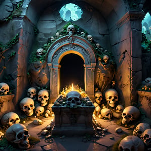 (masterpiece:1.2), (best quality,:1.2), 8k, HDR, ultra detailed, ((photorealistic)), professional light, cinematic lighting, fashion photography, ambient lighting, atmospheric effects, a magical fantasy tomb with open graves, skulls, treasure, ReDe, , epiCPhoto
