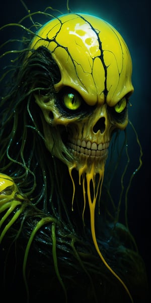 by (Shusei Nagaoka:1.2) and (Ian McQue:1.1), hyper realistic medium full shot photo of  a (monster lurking in the shadows:1.1),  (iridescent , yellow , masterful:1.4), poster art, bold lines, green slime skeleton with black and red insides, melting, humanoid, dripping, long wet tendril hair, large spherical glassy eyes, wet, hyper detailed, expressive,  award winning,  dark limited color palette, high contrast, depth of field, (intricate details, masterpiece, best quality:1.4),
night photography, looking at viewer, dynamic pose, wide angle panoramic view,
    in the style of nicola samori 
