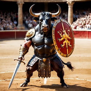 a Spanish fighting bull with a Roman sword and shield ready to fight in the bullring,IN MATRIX,monster