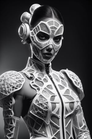 An elegant female super model at London Fashion Week, wearing a costume designed by Thom Browne with design elements including 3D generative Voronoi artwork created by artificial intelligence black-white textile materials polarized.toplight lighting photographed with Sony A7 IV
,cyberpunk style,cyborg style,monster,neon photography style,darkart,dual pistols