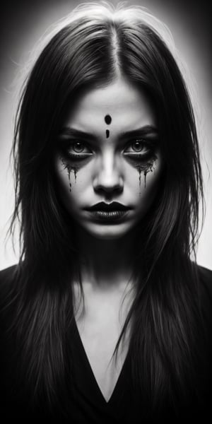 Create a monochrome portrait of beautiful blonde girl,  ((rectangular face)), close up , detail plan, detail plan of eyes, hair covering eye, dark make up, dark shadowing,nostalgic picture,Realism,pinhole photography,DonM4lbum1n,HalloweenGlowStyle