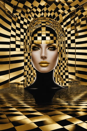 a beautiful woman's face rises from a square checkerboard pattern,
black and gold squares, embossed, surreal face in black and gold, high contrast
