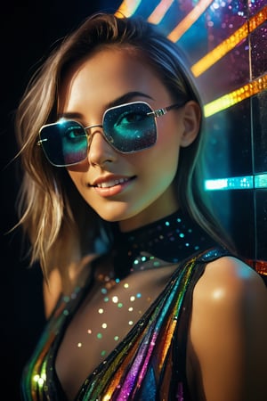 RAW Photography,cloae-up cute smiling young woman in led square glasses and glitter glow dress, laser rays, disco style, High fade hair,colored transparent glass, stained glass,unreal fashion,(specular reflection, mirrored, extremely intricate, ray tracing:1.4), vivid colors,high quality textures of materials, volumetric textures, coating textures, fabric textures, metal textures, stone textures, natural textures,high detail, high sharpness, high clarity,photography, detailed photography,photoshadow,  intricate details, 8k, masterpiece, Luis royo style, acrylic paint and spray paint, 8K, rule of thirds, 
intricate, dark lighting, Flickr, well focused, atmospheric, dramatic, highly detailed, dynamic play of light, deep darks, rich emotive colors, 35mm photograph, film grain, kodachrome, award winning photography, perfect composition, epic shot, perfectly quality, vibrant and colorful
