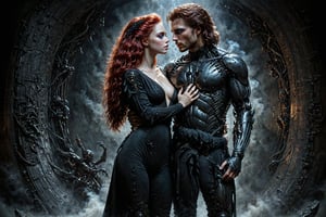 Art by Luis Royo , Couple in love, wearing full body black jumpsuit, red hair, blue eyes, perfect composition, beautiful detailed intricate insanely detailed octane render trending on artstation, 8 k artistic photography, photo realistic concept art, soft natural volumetric cinematic perfect light, chiaroscuro, award - winning photograph, masterpiece, oil on canvas, raphael, caravaggio, greg rutkowski, beeple, beksinski, giger