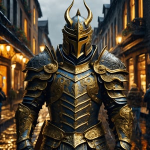 Create a realistic and detailed image of a warrior in magnificent, intricately detailed armor. The warrior has a determined look and stands in a medieval, rainy cityscape. His armor is elaborately adorned with golden elements, and he holds a sword with a glowing blade. The image is in dark, dramatic colors, with lighting that highlights the textures and details of the armor. Ultra-realistic, 8K, inspired by Todd McFarlane and Jay Anacleto.
,realistic