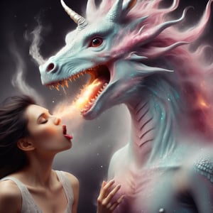 a person has taken lsd and is seeing unicorn dragons spitting dragon milk out of their mouths on a lady