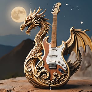 electric guitar carved with very detailed wooden dragons, it is outdoors, on a mountain with the stars in the background on a moonless night.,EpicSky,woodfigurez
