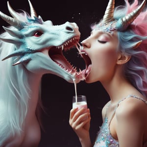 a person has taken lsd and is seeing unicorn dragons spitting dragon milk out of their mouths on a lady