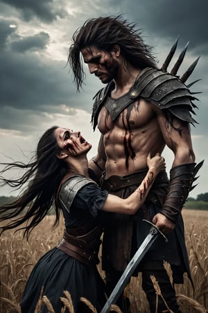 a woman warrior grabs the severed head of her enemy, a male warrior from another village, by the hair in a field ravaged by fighting.,darkart