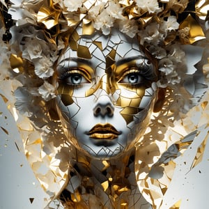 Ultra detailed abstract art photography of woman's face (geometric), gold, white carnations, detailed symmetrical circular iris, shredded paper fragments, inspired by Alberto Seveso, abstract art style, intricate and complex watercolour painting, sharp eyes, digital painting, colour explosion, ink dripping, gold and silver colour mixing, concept art, volumetric lighting, metallic reflections, 8k, concept photography,shards