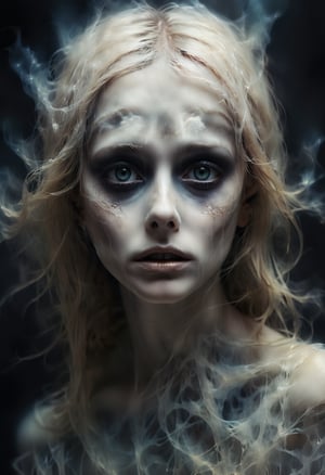 (deceptively beautiful, dreamlike ghost vision, dark rituals:1.1), (artist design by Tami Bone and Flora Borsi:1.1), (Closeup portrait of a beautiful girl, dark pastel colors, extreme closeup, detailed pupils, faint scar tissue, light crack in face showing glowing embers underneath:1.2),photo of a transparent ghost