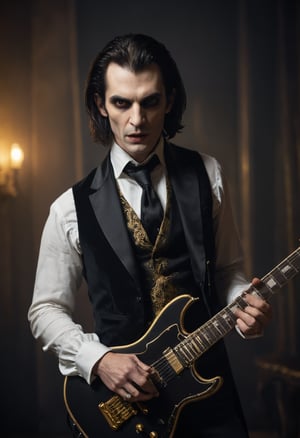 film photo dark photo, close-up portrait of a vampire dressed in a black suit playing an electric guitar, wearing a black and gold cashmere waistcoat, looking at the camera, shallow depth of field, vignette, highly detailed, moody, epic, magnificent, film, atmospheric haze, dynamic lighting,more detail XL