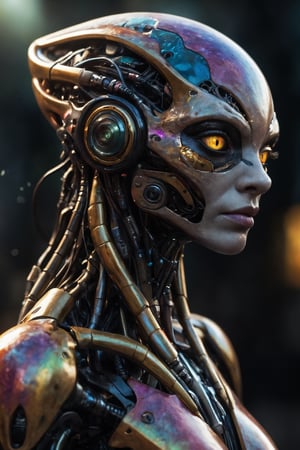 (focus on a hauntingly beautiful bioengineered creature:1.2), organic cyborg, alien landscape, translucence, sheen, colorful dark unfocused background, (ultra resolution:1.7), detailed masterpiece,  sachr, ziprealism
