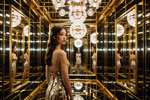 Imagine a softly lit, minimalist room where the focal point is thirteen strategically positioned mirrors. Each mirror boasts a distinct frame—some golden, others silvered, and a few adorned with shimmering gem inlays. At the heart of this chamber stands a girl with ebony hair and deep-set eyes, encircled by these mirrors arranged in intricate patterns.

Clad in a dress that mirrors the hues of the reflective surfaces, she creates a kaleidoscopic effect with every movement. Her demeanor is serene yet intrigued, as if she's seeking something within the reflections—perhaps a clue, a hidden truth, or simply her own likeness.

Each mirror seems to narrate a different tale: one reflects a lush garden, another displays a dystopian urban landscape, while yet another mirrors a starry sky that seems to come alive. The room is filled with an air of mystery and fascination, where the girl, wearing an expression of curiosity, is engaged in a play of perspectives and realities, as if the mirrors were gateways to alternate worlds.

Craft an image that captures the girl's intrigue and the diversity of worlds reflected in the thirteen mirrors, hinting at the uncertainty and fascination interwoven within this unique space