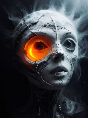 white-toned Surrealism photo of an abyssal futuristic summer face in a bright apocalyptic void, intricate black and orange and white recursion, eldritch, foggy, billowing bright glitter, very detailed, 
,vntblk,black,darkart,DissolveSdxl0