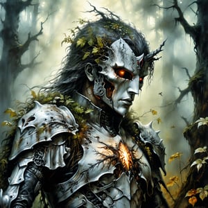 Luis royo style, acrylic paint and spray paint, 8K, rule of thirds, 
intricate, dark lighting, Flickr, well focused, atmospheric, dramatic, highly detailed, best quality:1.5), (intricate emotional details:1.5), (ultra detailed), (sharp focus), (sharp details), photography in the style of detailed hyperrealism of a  headless horseman in a Whispering forest with glowing flora,  Photorealism, Mecha
