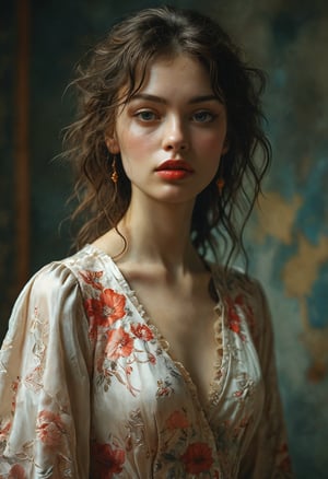 A mysterious woman with luscious wavy hair, slender eyes, sharp jawline, thin lips, and clad in an Eastern-inspired silk dress, portrayed in a digital illustration that captures her enigmatic aura and ethereal beauty with intricate detail and vibrant colors. Fantasy mysterious background, 1girl, pale, ghostly, (wearing thin ripped torn damaged faded dress:1.2), cleavage, smeared vivid red lipstick, eyeliner, upper body, low key photography, dramatic lighting, deep shadows, rich contrast, moody atmosphere, intense emotions, cinematic feel, mysterious ambiance, emphasizing shape and form, creating depth, evoking drama, storytelling through shadows, professional technique, fine art photography, conceptual expression, evocative imagery, artistic interpretation, emotional resonance, creative composition, professional lighting, exquisite detail, immersive experience, storytelling through imagery, conveying mood, unique perspective, thought-provoking concept, capturing beauty, transcending reality, surrealism
