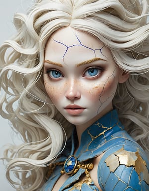 surrealist art a beautiful female doll with porcelain kintsugi skin, cracked skin, shattered porcelain skin, deep fine cracks, kintsugi, perfect clear realistic grey-blue eyes, soft focus, close-up, uncanny, long white natural hair, stunning perfect shining eyes, shy smile, serene curiosity, smiling eyes, amazing depth, expansive details, against a dark gradient background, style of Agnes Cecile and Anna Dittmann, dreamlike, mysterious, provocative, symbolic, intricate, detailed,
