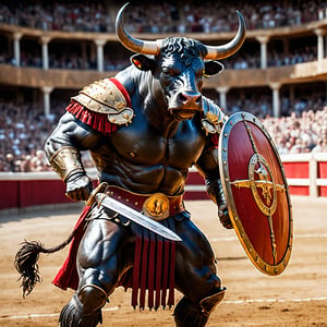 a Spanish fighting bull with a Roman sword and shield ready to fight in the bullring,IN MATRIX,monster