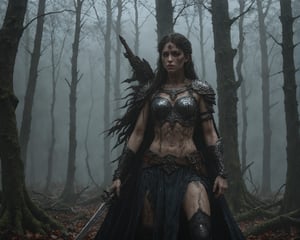 Luis Royo style, acrylic paint and spray paint, 8K, rule of thirds, intricate, dark lighting, Flickr, well focused, atmospheric, dramatic, highly detailed, a 10th century Norwegian warrior woman mourns the death of her husband at the hands of a Christian, her gaze a mixture of grief, hatred and rage, standing in a misty, ancient forest with towering, gnarled trees, wearing traditional Norwegian armour adorned with runic symbols, her face streaked with dirt and tears, a bloodstained sword in her hand, surrounded by fallen leaves, with a ghostly, distant figure of her husband appearing in the mist, an ethereal blue light illuminating her spectral form, the turbulent, stormy sky adding to the overall mood of despair and tension, subtle reflections of her emotional turmoil captured in the shiny, damp foliage around her.