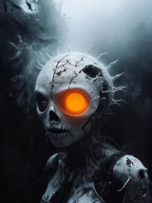 white-toned Surrealism photo of an abyssal futuristic summer face in a bright apocalyptic void, intricate black and orange and white recursion, eldritch, foggy, billowing bright glitter, very detailed, 
,vntblk,black,darkart