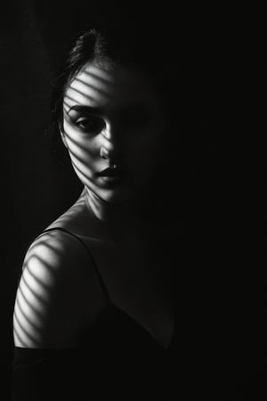 Create a black and white image of a female face partially covered by shadows cast by venetian blinds. The shadows from the blinds create diagonal light and dark lines crossing the face, particularly highlighting the eyes and lips. The facial expression is serious and enigmatic, with dramatic lighting that accentuates the contours and textures of the face. The image has high contrast, emphasizing the difference between light and shadow, and the composition is artistic and sophisticated,vntblk,darkart