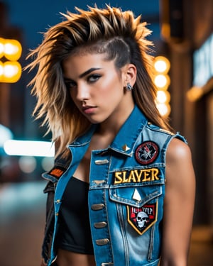 The person is positioned facing away from the camera, concealing their face from view, revealing only their back profile in the picture, In this professional photograph, the subject is positioned with her back to the viewer, sharply captured by a high-quality 85mm lens set at f/2.8 aperture. Her hairstyle reflects the iconic look of metalheads in 1987, complemented by a sleeveless denim jacket adorned with Slayer patches and metal spikes. It's a vivid portrayal of youthful energy—she's 18 years old—radiating determination and enthusiasm, completely engrossed in the music that defines life and strength for her. The city lights illuminate her against the night backdrop of an American metropolis, showcasing attire reminiscent of the iconic fashion sported by '80s rockers, exuding toughness, posture, attitude, and presence. This girl symbolizes an entire generation of Heavy Metal enthusiasts, proudly showcasing band patches and metallic studs, Back grunge style photograph of an aggressive and charming girl, focused, Fluxus Art, nostalgic lighting, adobe lightroom, award winning, . Texture, distressed, vintage, edgy, edgy, punk rock vibe, dirty, loud,