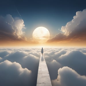 A dreamlike scene where a figure walks towards a distant goal on the horizon. The path is made of soft, glowing clouds representing 'the promise and the maybe.' Next to this path of clouds, there is another path made of solid white marble slabs, symbolizing security and stability. The figure looks happier and lighter walking on the clouds, with a clear blue sky and bathed in the golden light of sunset. The horizon is filled with possibilities, evoking hope and aspiration