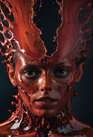 Super Closeup Portrait, Capture the structured melting of two liquids, each adorned in fleshy red hues, as they gracefully meld a human together a spectacle of intertwining viscosities, where the bones and flesh elements weave a kaleidoscopic tapestry of daker shades.
very detailed, hd, RAW photograph, masterpiece, top quality, best quality, official art,highest detailed, atmospheric lighting, cinematic composition, complex multiple subjects, 4k HDR, vibrant, highly detailed, Leica Q2 with Summilux 35mm f/1.2 ASPH, Ultra High Resolution, wallpaper, 8K, Rich texture details, hyper detailed, detailed eyes, detailed background, dramatic angle, epic composition, high quality , (8k, RAW photo, highest quality), hyperrealistic,
, 