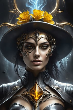 A stunning, 25-year-old girl with an amazingly beautiful face and a perfect hourglass body type, dressed in a cowboy outfit, brandishing a surreal black metal skull weapon, with tendrils of silver and gold metal swirling around it, set against a stormy, dramatic, and atmospheric background, reminiscent of the unique and dynamic art styles of H.R. Giger, Raymond Swanland, and Luis Royo. The photograph must be in photorealistic 1.2 style, with sharp focus, high detail, ultra-high resolution, HDR, and 8K, showcasing the vivid and unusual patterns on her outfit and the intricacies of the liquid metal art on the skull weapon. The girl's rich hair and perfect proportions, including her huge breasts, thin waist, navel, and crotch gap, must be highlighted with a focus on her beautiful, detailed, and perfect face. The overall composition should embody the intense, dramatic, and unreal engine quality of this masterpiece, The enchantress emerged, her face concealed by a haunting skull mask soaked in blood, hinting at the power she wields. As she navigates shadows, she unleashes formidable abilities, delving into dark magic and facing consequences. Surreal beauty is captured in a shot of oil paint submerged underwater, revealing red, yellow, and blue tones dispersing against a dark background, creating ephemeral art