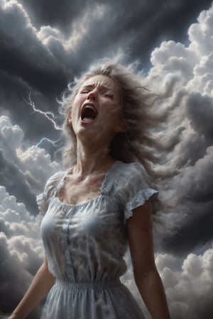 screaming cloud girl, verry realistic, uhd, 8k, amazing lighting, high detail, masterpiece, dark
