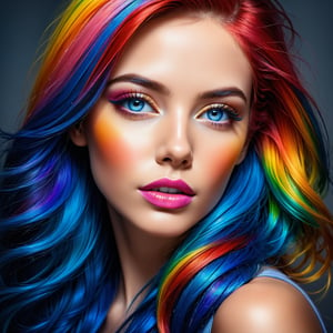 ((digital art photo)), professional photo, beautiful and aesthetic, The image is a digital painting of a woman's face surrounded by colorful hair. The hair is depicted in a rainbow of colors, including red, orange, yellow, and blue. The woman's face is also painted with vibrant colors, including blue eyes, rosy cheeks, and pink lips. The brushstrokes are thick and visible, giving the painting a textured look, ((ultra sharp focus)), (realistic textures and skin:1.1), (realistic and perfect gray eyes:1.1), ((perfect design of hands and fingers)), aesthetic. masterpiece, pure perfection, high definition ((best quality, masterpiece, detailed)), ultra high resolution, hdr, art, high detail, add more detail, (extreme and intricate details), ((raw photo, 64k:1.37)), ((sharp focus:1.2)), (muted colors, dim colors, soothing tones ), siena natural ratio, ((more detail xl)),more detail XL,detailmaster2,Enhanced All,photo r3al,masterpiece,cyborg style