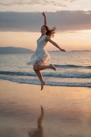 bride jumping on the shore of a beach, they are Eastern European, at sunset, after sunset.