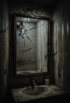 Shattered reflection in cracked bathroom mirror, tenebrism,
,darkart