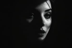 
Create a black and white image of a female face partially covered by shadows cast by venetian blinds. The shadows from the blinds create diagonal light and dark lines crossing the face, particularly highlighting the eyes and lips. The facial expression is serious and enigmatic, with dramatic lighting that accentuates the contours and textures of the face. The image has high contrast, emphasizing the difference between light and shadow, and the composition is artistic and sophisticated, as if a sinister presence lurks in the shadows, adding an air of mystery and tension, evoking a scene from a classic horror movie.