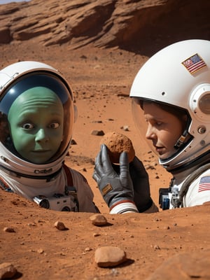 A close-up image of two astronauts on the surface of Mars, discovering the face of an alien creature embedded in a Martian rock. The astronauts, with their visors up, have expressions of amazement and wonder as they uncover the alien's face. The alien has distinct, otherworldly features partially visible within the rock. The Martian soil and rocky terrain are visible around them, but the focus remains on the close-up interaction between the astronauts and the alien face,more detail XL