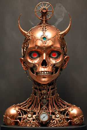 steampunk mechanical scull, copper human scull, shiny copper, steam, pressure valves, dials, intricate details, luxury renaissance steampunk interior, photo, photography, sharp focus, detailed, carries the machinery of a watch, actually a watch,aw0k euphoric style,DonMM4g1cXL ,darkart, in the style of esao andrews,Vogue,sticker,aw0k euphoricred style,ghost person,Movie Poster
