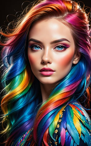 ((digital art photo)), professional photo, beautiful and aesthetic, The image is a digital painting of a woman's face surrounded by colorful hair. The hair is depicted in a rainbow of colors, including red, orange, yellow, and blue. The woman's face is also painted with vibrant colors, including blue eyes, rosy cheeks, and pink lips. The brushstrokes are thick and visible, giving the painting a textured look, ((ultra sharp focus)), (realistic textures and skin:1.1), (realistic and perfect gray eyes:1.1), ((perfect design of hands and fingers)), aesthetic. masterpiece, pure perfection, high definition ((best quality, masterpiece, detailed)), ultra high resolution, hdr, art, high detail, add more detail, (extreme and intricate details), ((raw photo, 64k:1.37)), ((sharp focus:1.2)), (muted colors, dim colors, soothing tones ), siena natural ratio, ((more detail xl)),more detail XL,detailmaster2,Enhanced All,photo r3al,masterpiece